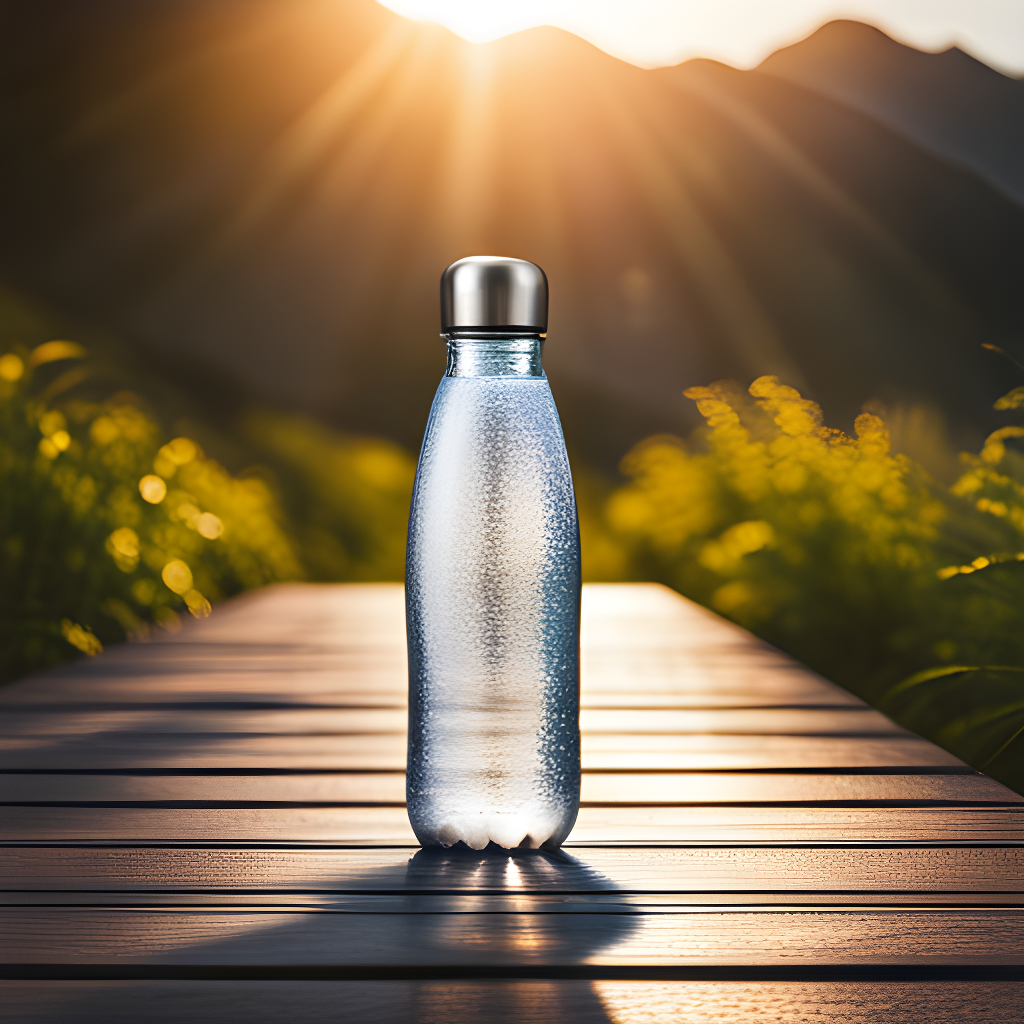 A close-up of a stainless steel reusable water bottle with condensation on its surface, sitting on a wooden picnic table.